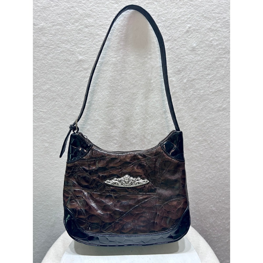 Vintage Faux Croc Embossed Shoulder Bag Brown Black Cherub Emblem Y2K Gothic